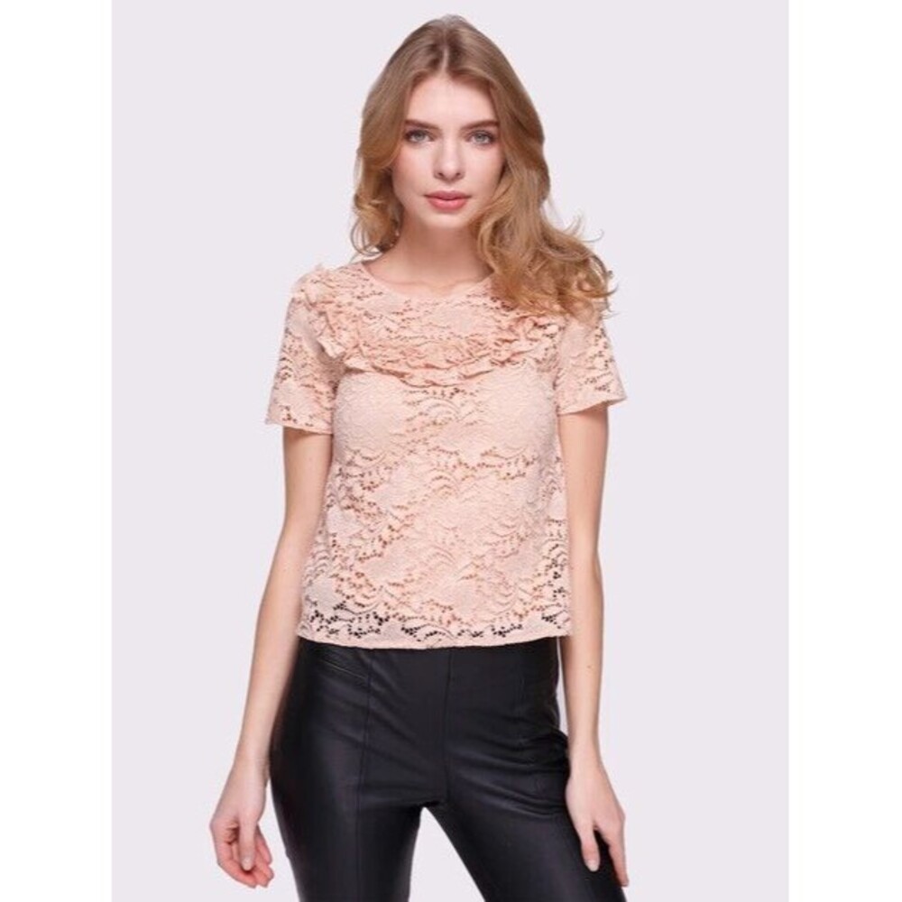 Zara Basic Collection Women's Lace Ruffle Front Blouse Rose/Beige Size S NWT